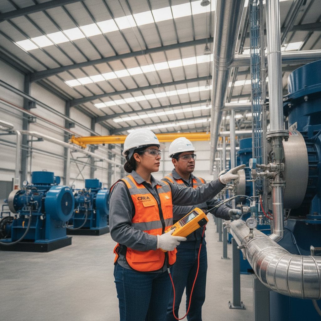Ingeniero de CREA Consultoría realizando una auditoría energética en una planta industrial moderna en Monterrey, México, utilizando equipos de medición avanzados y analizando datos de paneles. La imag