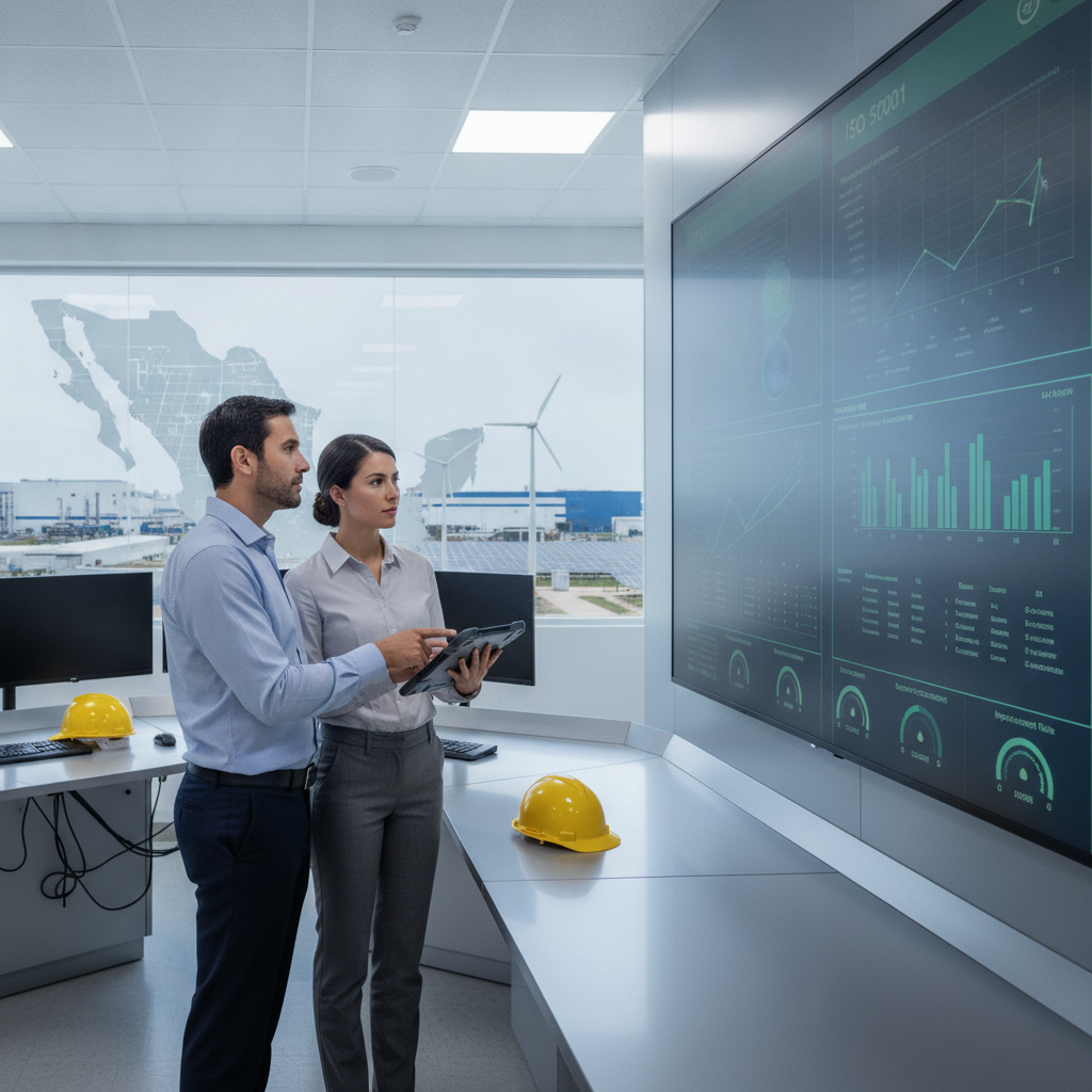 Profesionales de CREA Consultoría revisando datos de eficiencia energética en una planta industrial moderna en México, con gráficos y equipos de monitoreo de fondo.