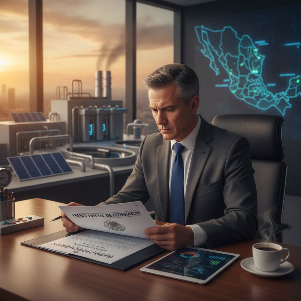 Ejecutivo industrial revisando documentos sobre cuotas de agua con un fondo de mapa de México y una planta industrial al atardecer.