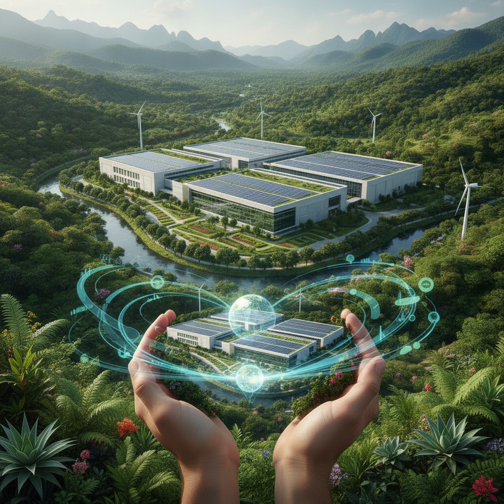 Una moderna planta industrial en México integrada armónicamente con un entorno natural, simbolizando la Evaluación de Impacto Ambiental y el ordenamiento ecológico bajo estándares ISO 14001. Manos pro
