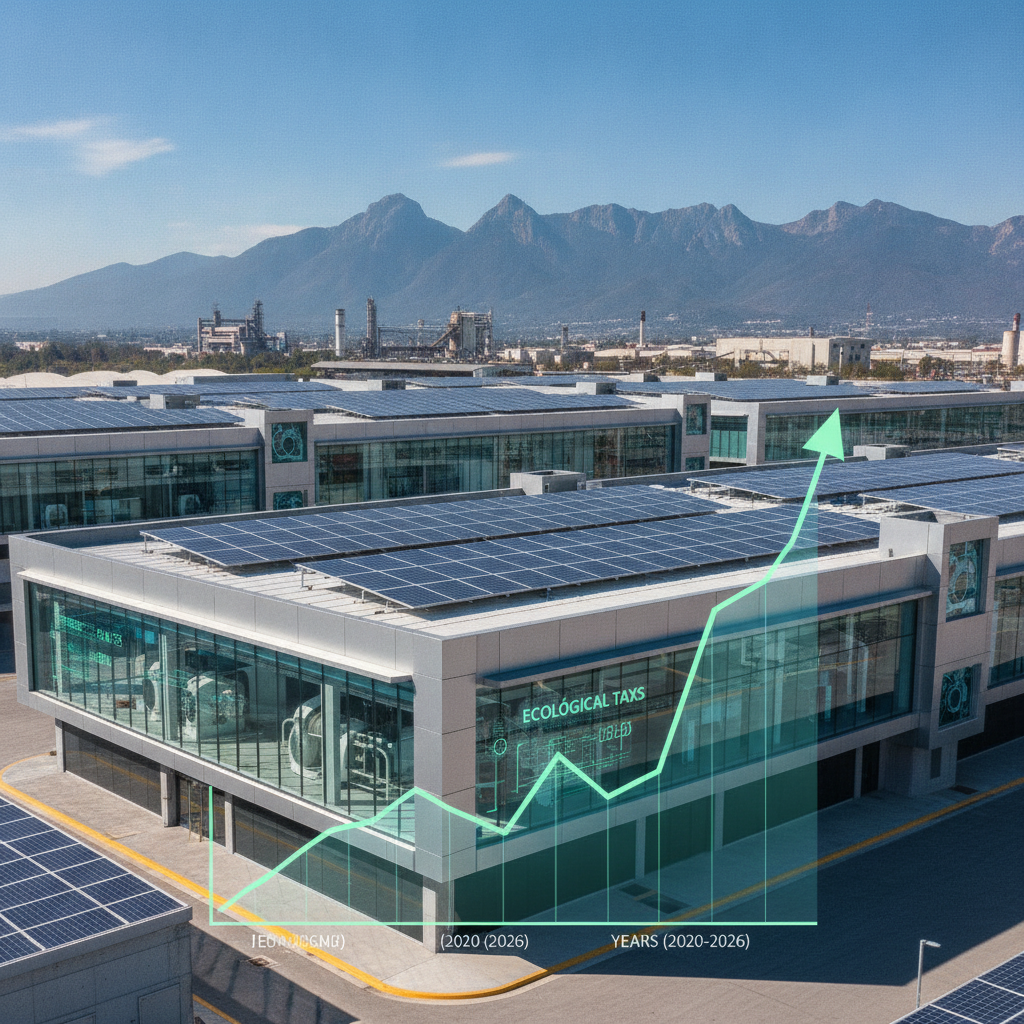 Un gráfico financiero mostrando el impacto de los impuestos ecológicos en una planta industrial moderna en México, con edificios limpios y paneles solares al fondo, simbolizando sostenibilidad y efici
