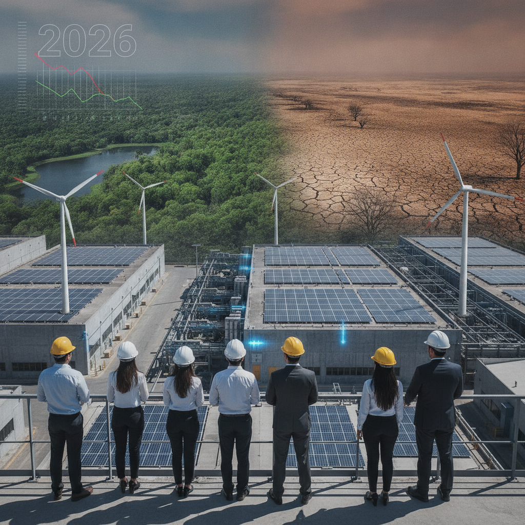Trabajadores industriales en una planta moderna con elementos visuales de energía renovable y sostenibilidad, bajo un cielo que representa el paso del tiempo y el agotamiento de recursos.