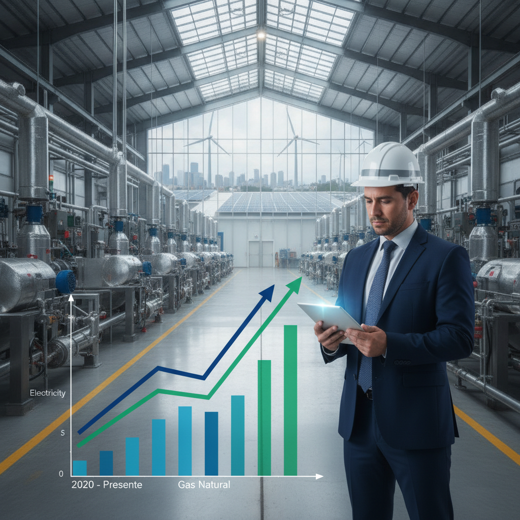 Gráfica de barras ascendentes mostrando la variación de precios de energía eléctrica y gas natural en México desde 2020, con un fondo de una planta industrial moderna en tonos azules y un ingeniero de