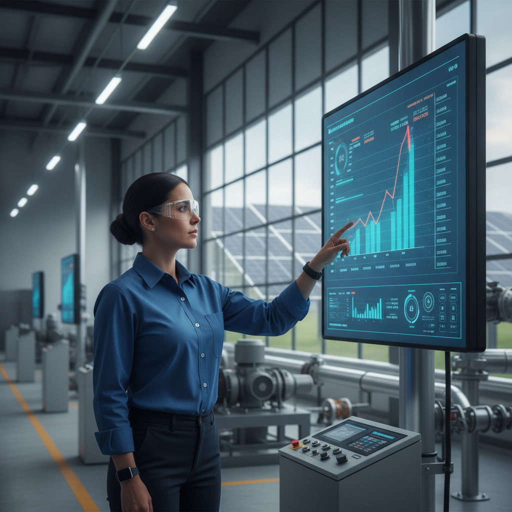 Ingeniero industrial revisando gráficos de consumo energético en un panel de control avanzado, con equipos de maquinaria industrial difuminados en el fondo. El ambiente es profesional y enfocado en la