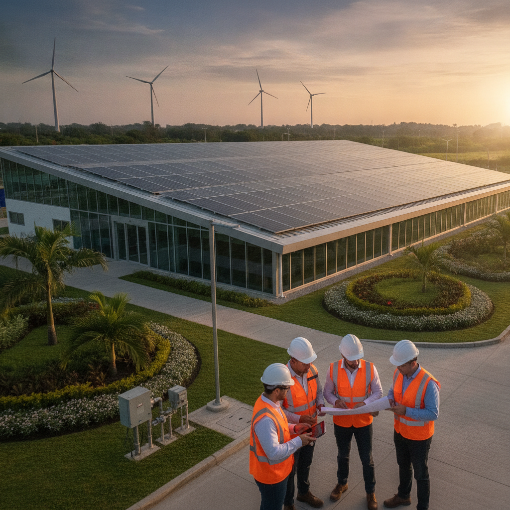 Edificio industrial moderno y sostenible en México con turbinas eólicas al fondo, simbolizando la eficiencia energética y la consultoría ISO 50001 de CREA Consultoría.