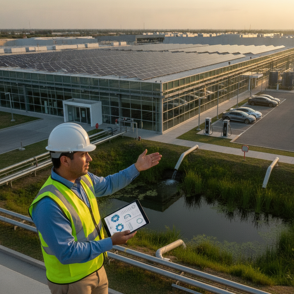 Planta automotriz moderna con elementos que simbolizan la gestión ambiental y sostenibilidad, como paneles solares y un filtro de agua. Un trabajador de CREA Consultoría revisa documentos con un casco