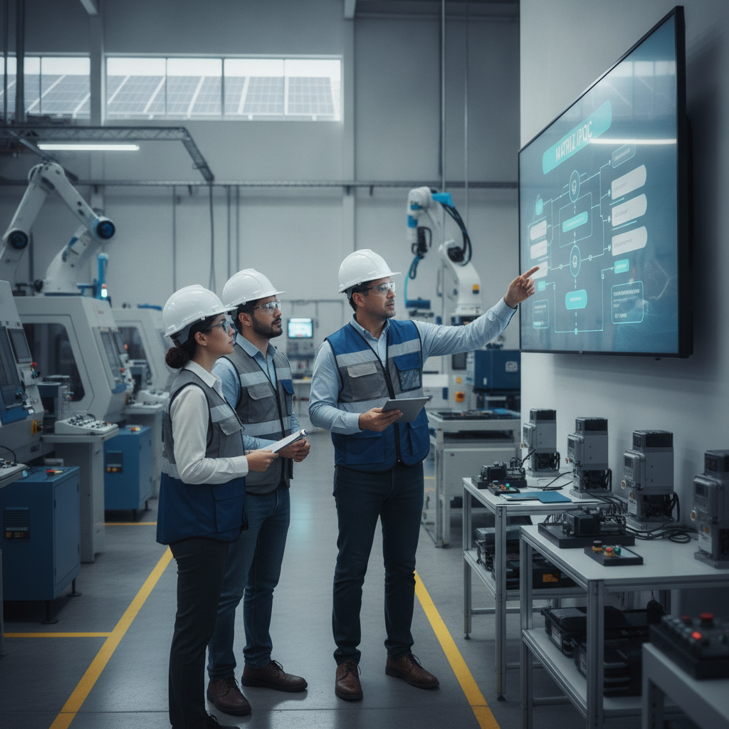 Un profesional industrial usando un diagrama de Matriz IPOC en una planta de fabricación moderna, con equipos y maquinaria en el fondo, simbolizando la optimización de procesos en la industria de Méxi