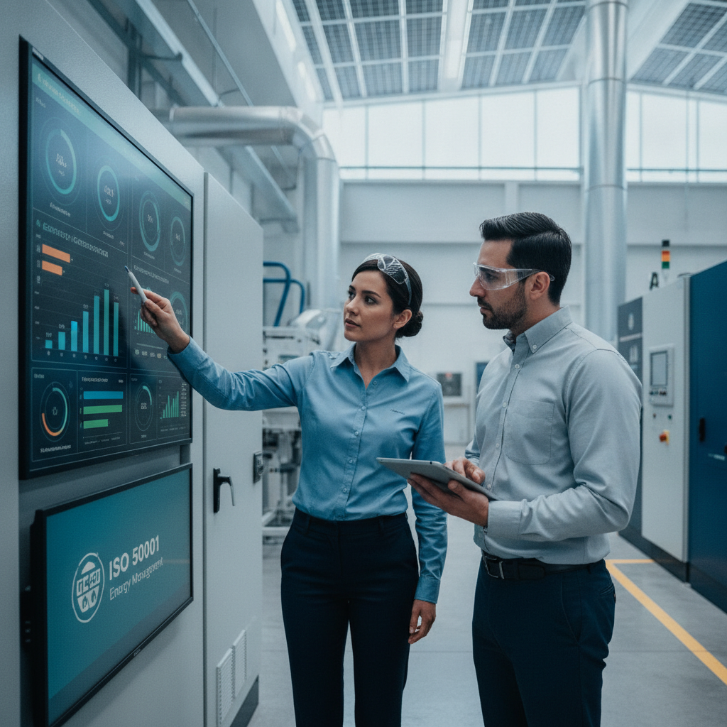Ingenieros de CREA Consultoría analizando datos de eficiencia energética en un panel de control industrial, con el logo de ISO 50001 discretamente visible y gráficos de ahorro de energía. El fondo mue