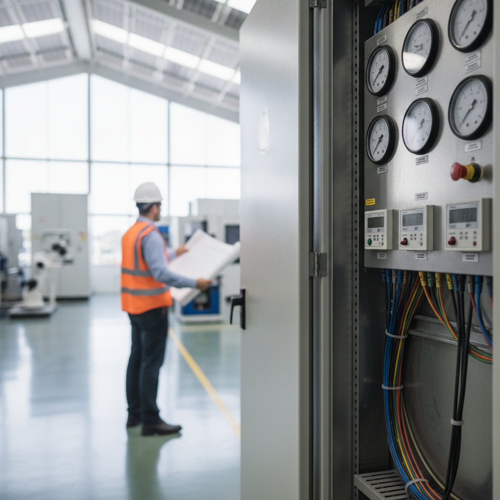 Una imagen detallada de un tablero eléctrico industrial con medidores y cables, mostrando datos de consumo de energía. En el fondo, un ingeniero profesional con casco y chaleco de seguridad está revis