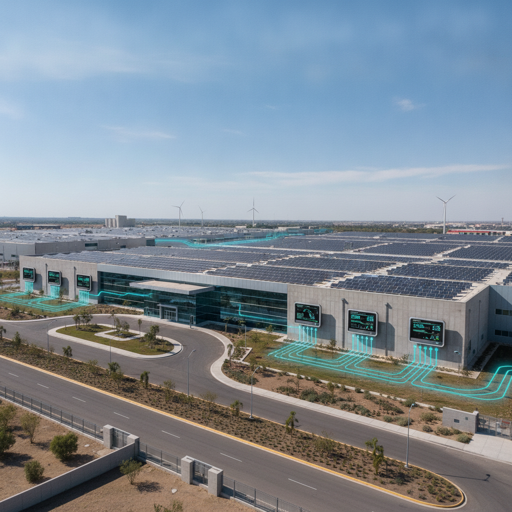 Edificio industrial moderno con paneles solares y medidores de energía inteligentes, simbolizando la eficiencia energética para usuarios con patrón de alto consumo (UPAC) en México.